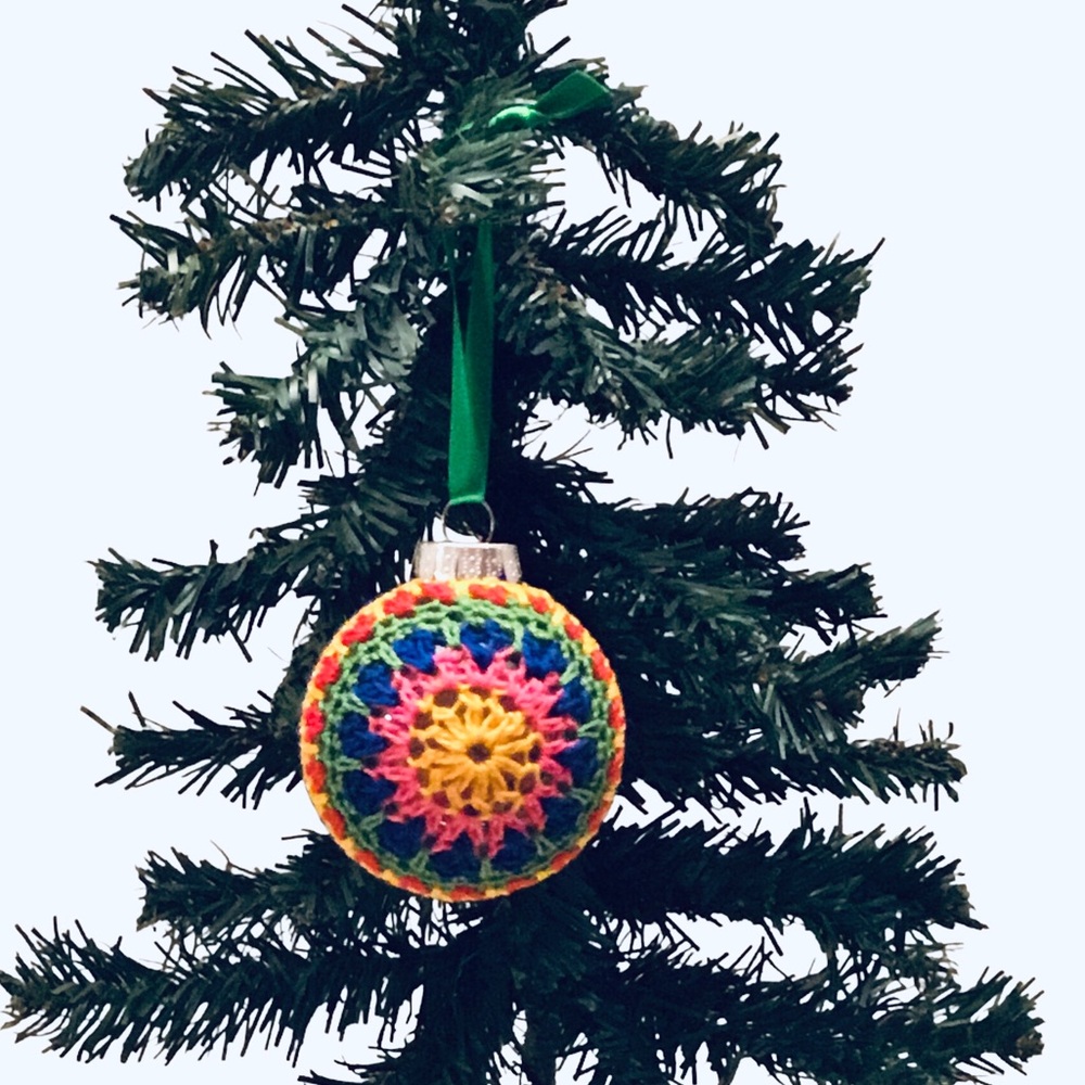 🆕 Handcrafted Granny Square Ornament Ball Vibrant Colorful Crochet Holiday Decor